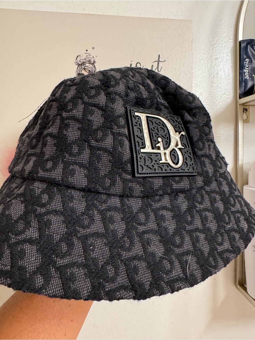 Dior Black Monogram Jacquard Bucket Hat with Logo Plaque